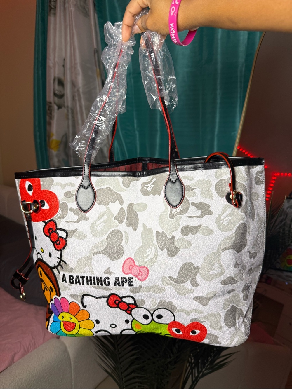 A Bathing Ape x Hello Kitty White Camo Graphic Tote Bag